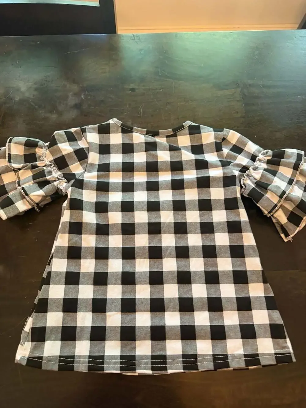 Girls Watermelon Black White Gingham Ruffle Sleeve Top and Red Denim Shorts